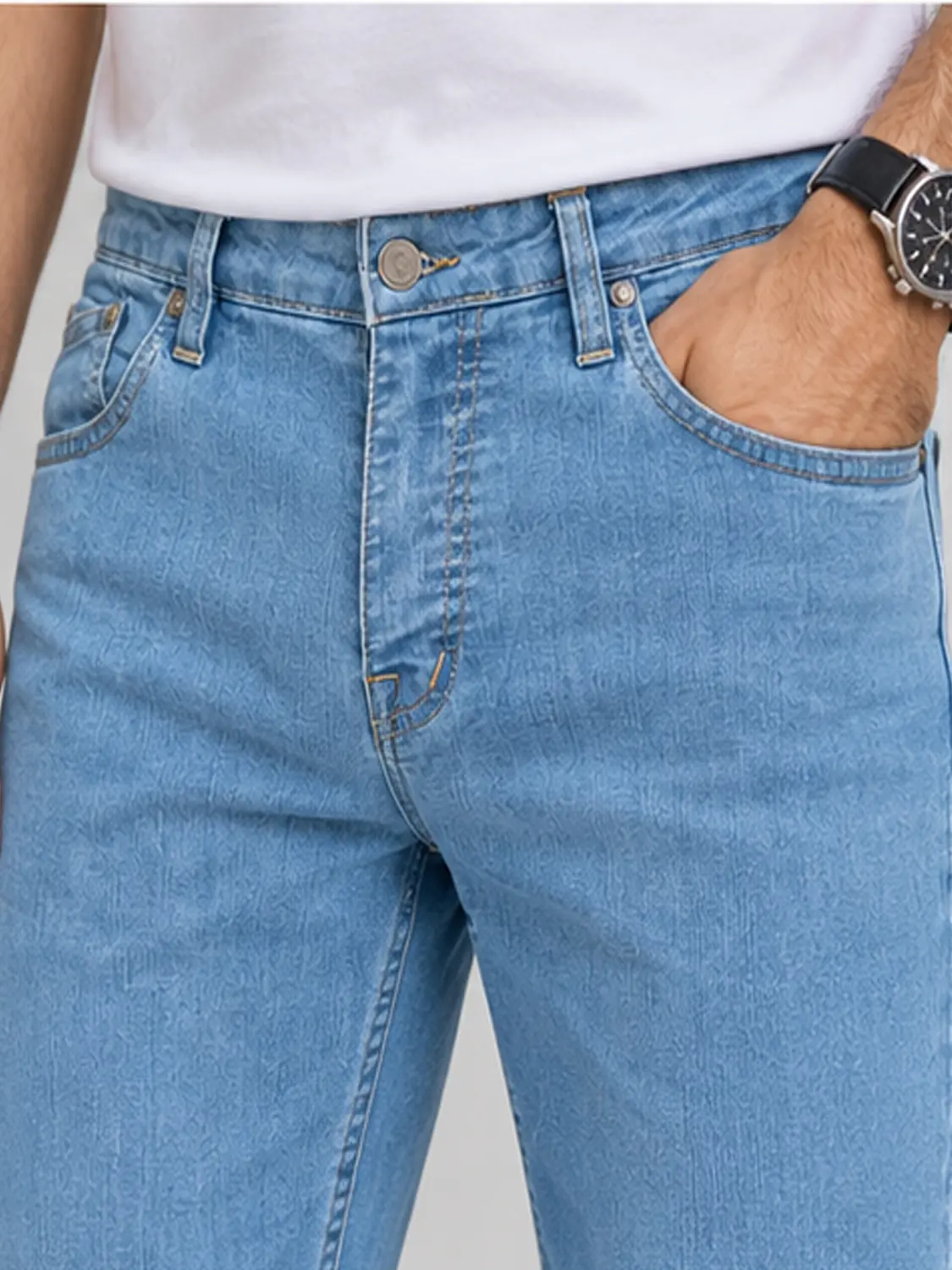 Men’s Light Blue Washed Stretch Slim Fit Jeans with Back-Pocket Embroidery — view 1