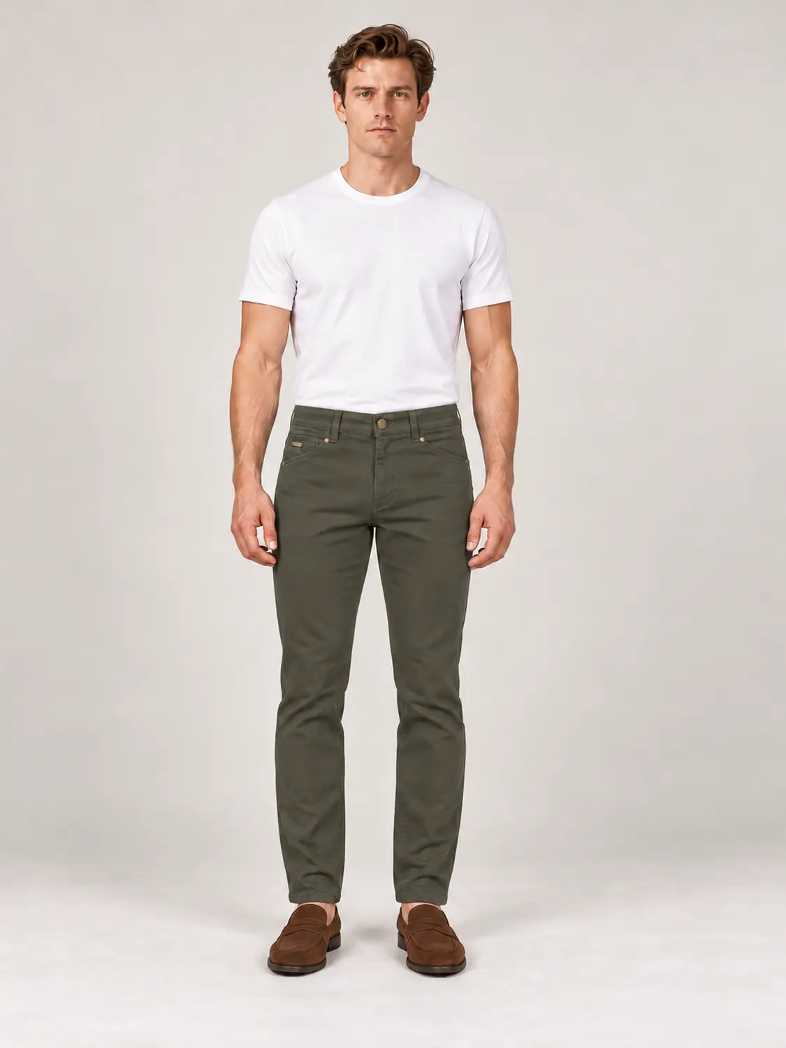 Men’s Olive Pigment-Dyed Stretch Slim Fit Denim-Pocket Chino Pants — view 3