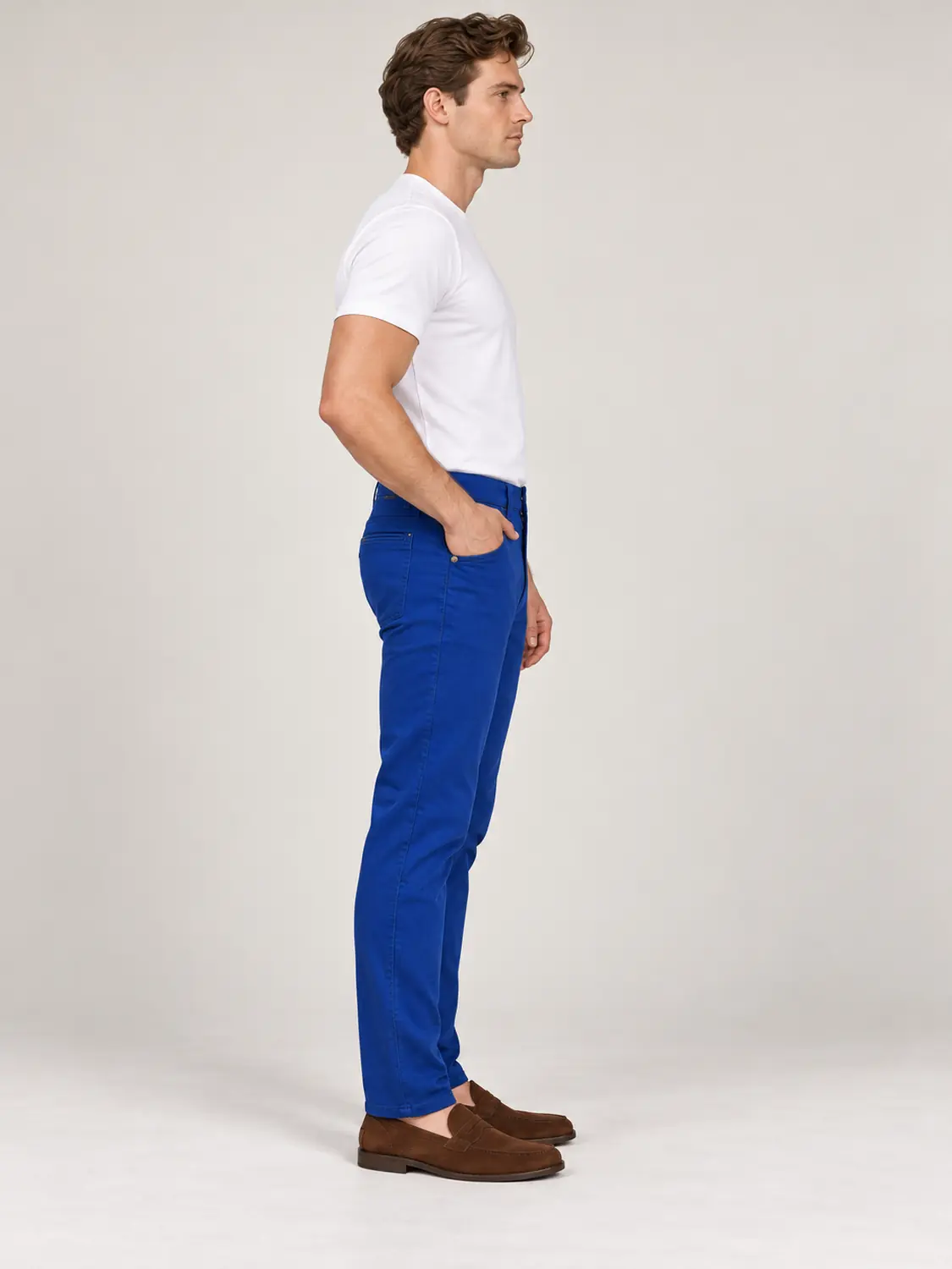 Men’s Royal Blue Pigment-Dyed Stretch Slim Fit Denim-Pocket Chino Pants — view 7