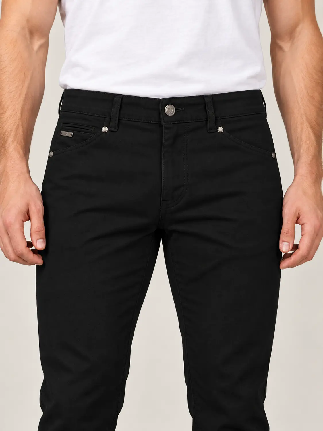 Men’s Black Pigment-Dyed Stretch Slim Fit Denim-Pocket Chino Pants — view 4