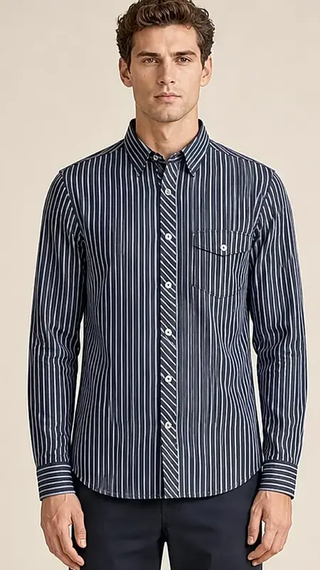 Men's Navy & White Vertical Stripe Long Sleeve Cotton Shirt