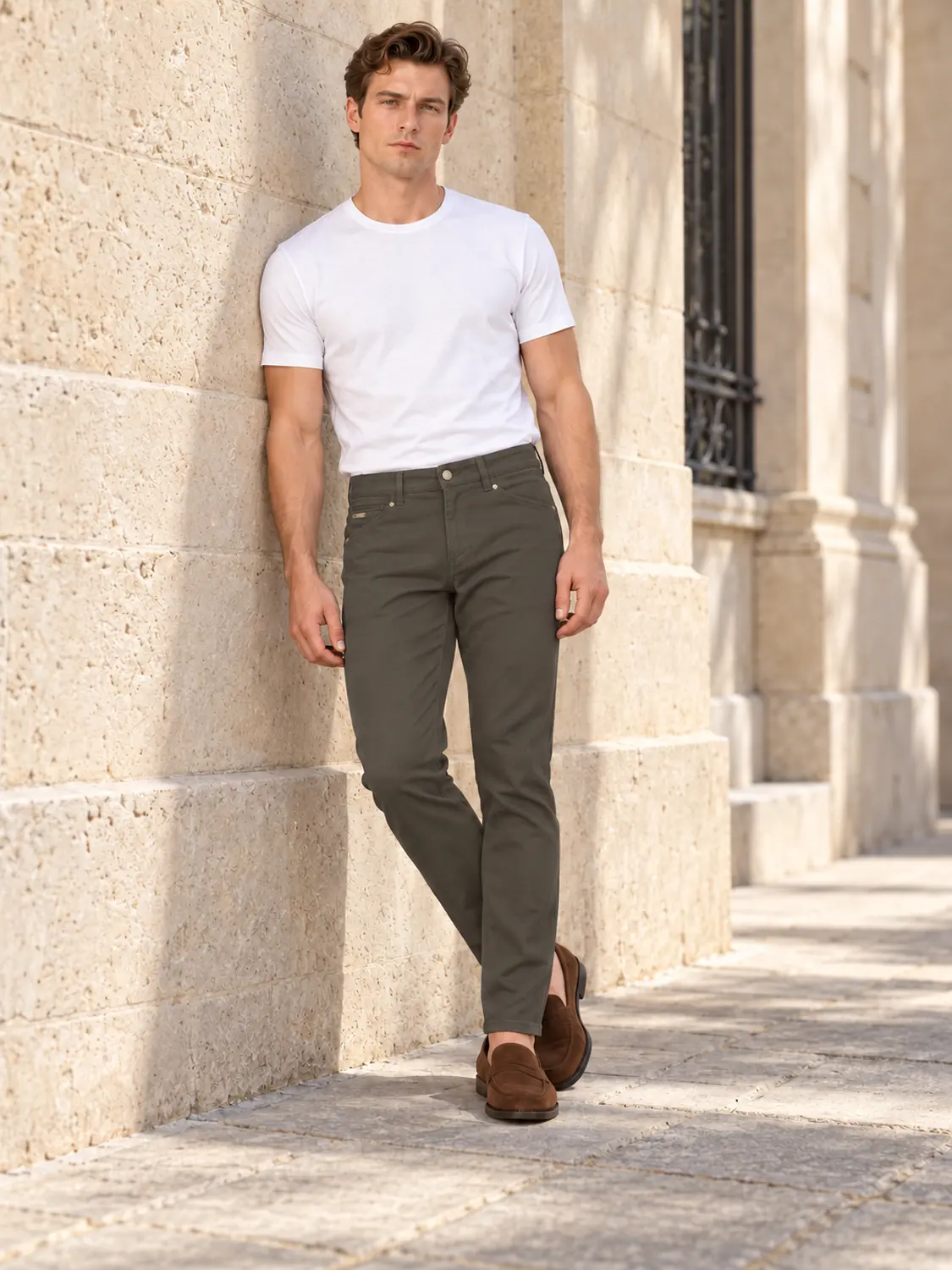 Men’s Olive Pigment-Dyed Stretch Slim Fit Denim-Pocket Chino Pants — view 4