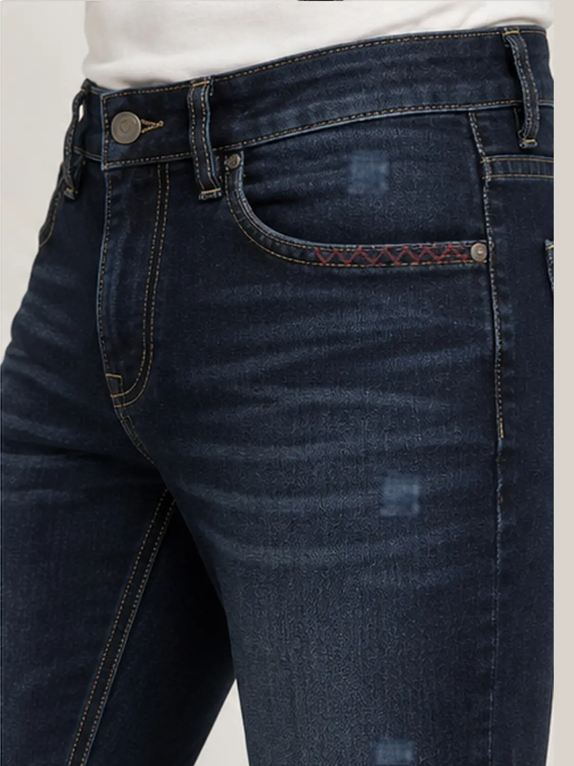 Men’s Dark Indigo Stretch Slim Fit Jeans with Red Zigzag Stitching — view 5