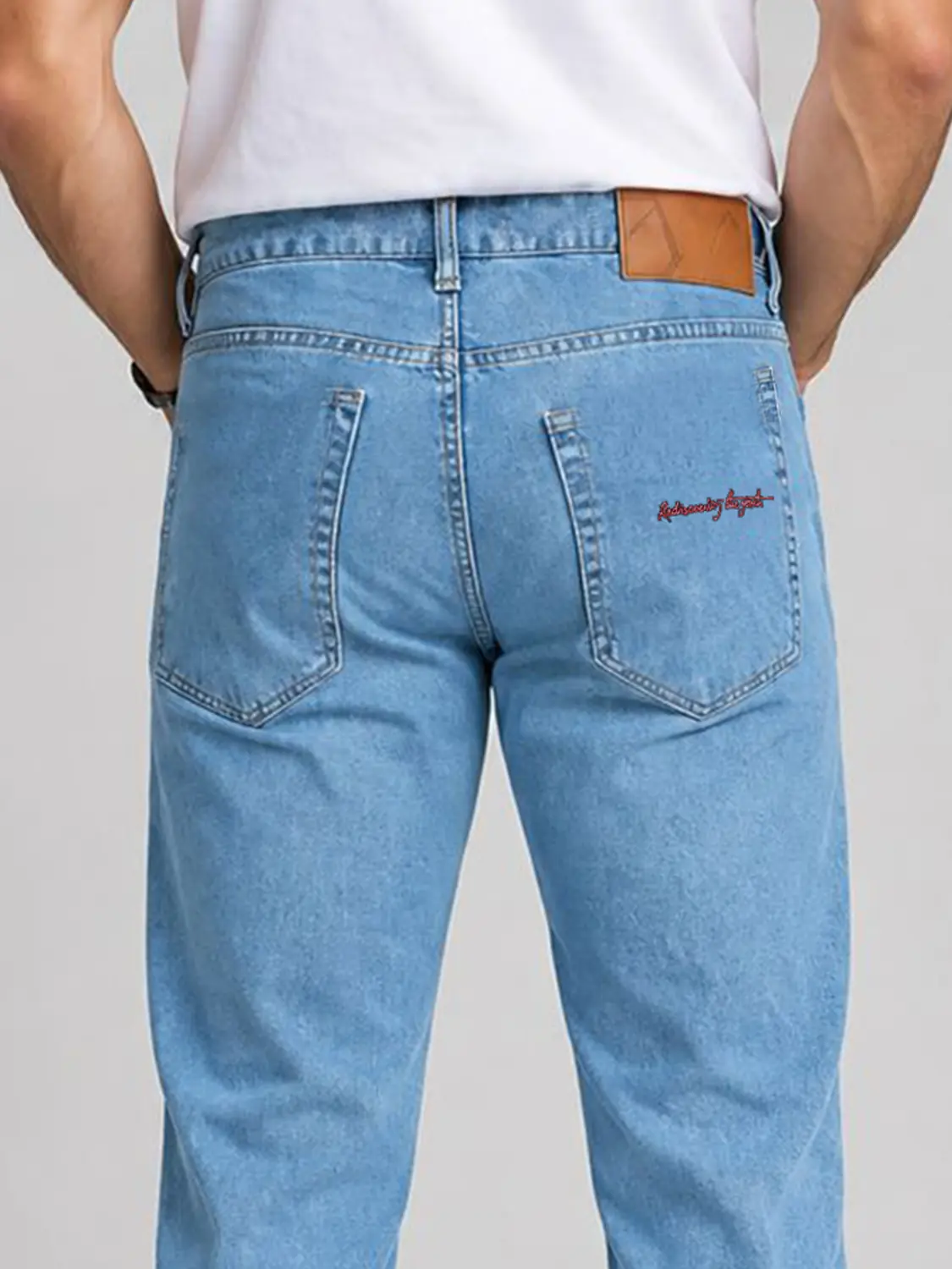 Men’s Light Blue Washed Stretch Slim Fit Jeans with Back-Pocket Embroidery — view 7
