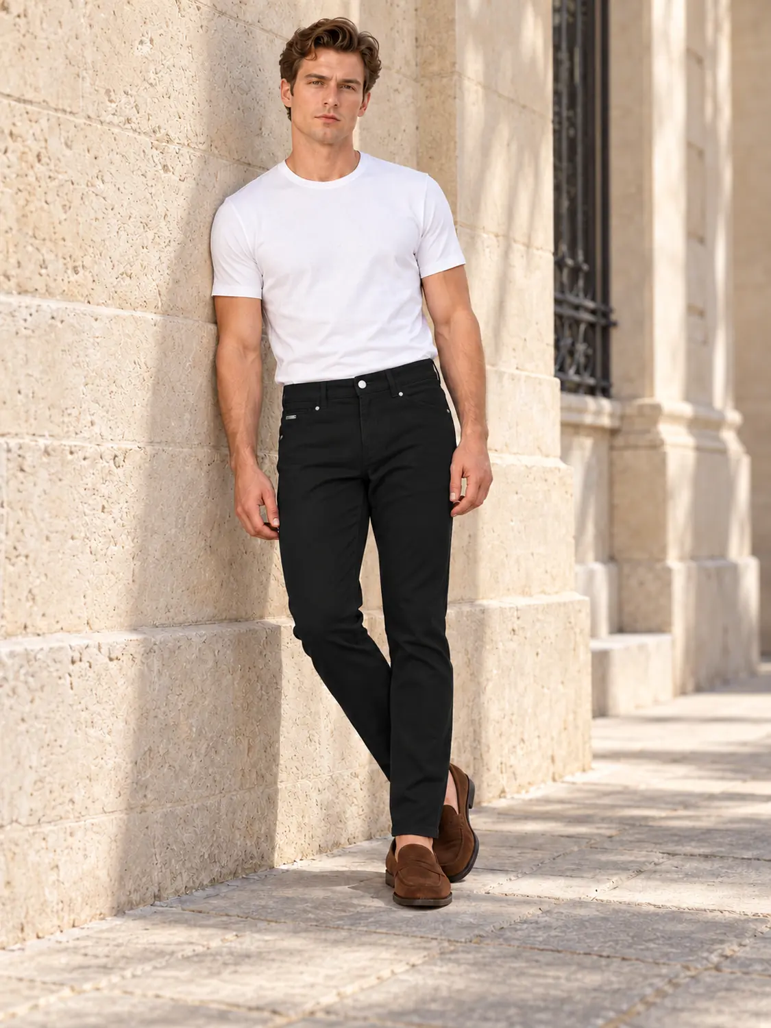 Men’s Black Pigment-Dyed Stretch Slim Fit Denim-Pocket Chino Pants — view 8