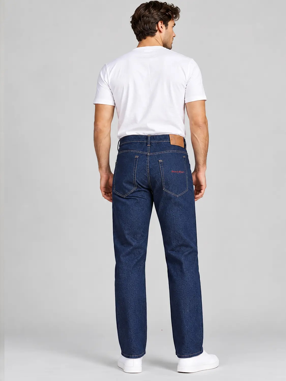 Men’s Indigo Blue Washed Stretch Slim Fit Jeans with Back-Pocket Embroidery — view 3
