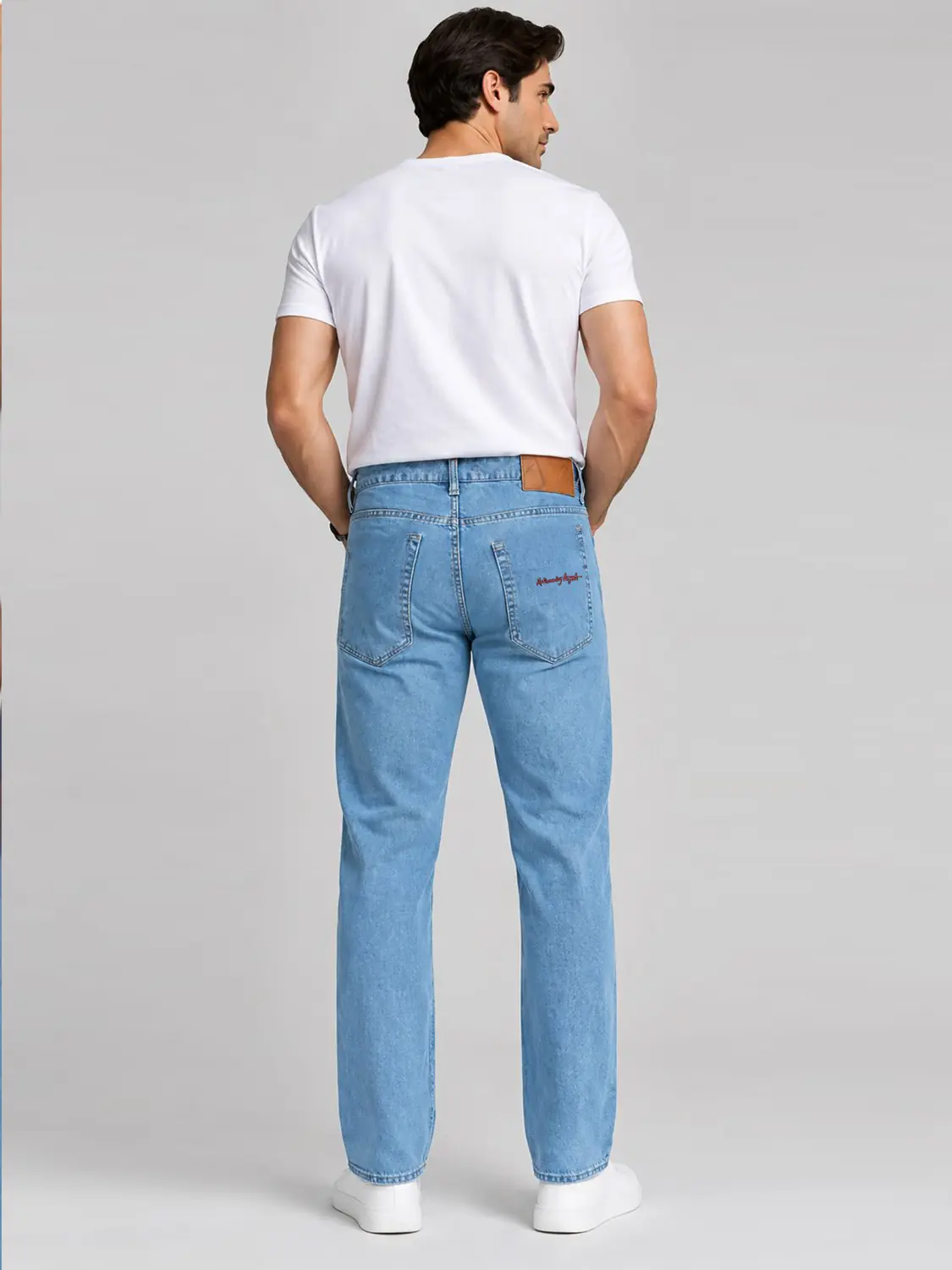 Men’s Light Blue Washed Stretch Slim Fit Jeans with Back-Pocket Embroidery — view 3