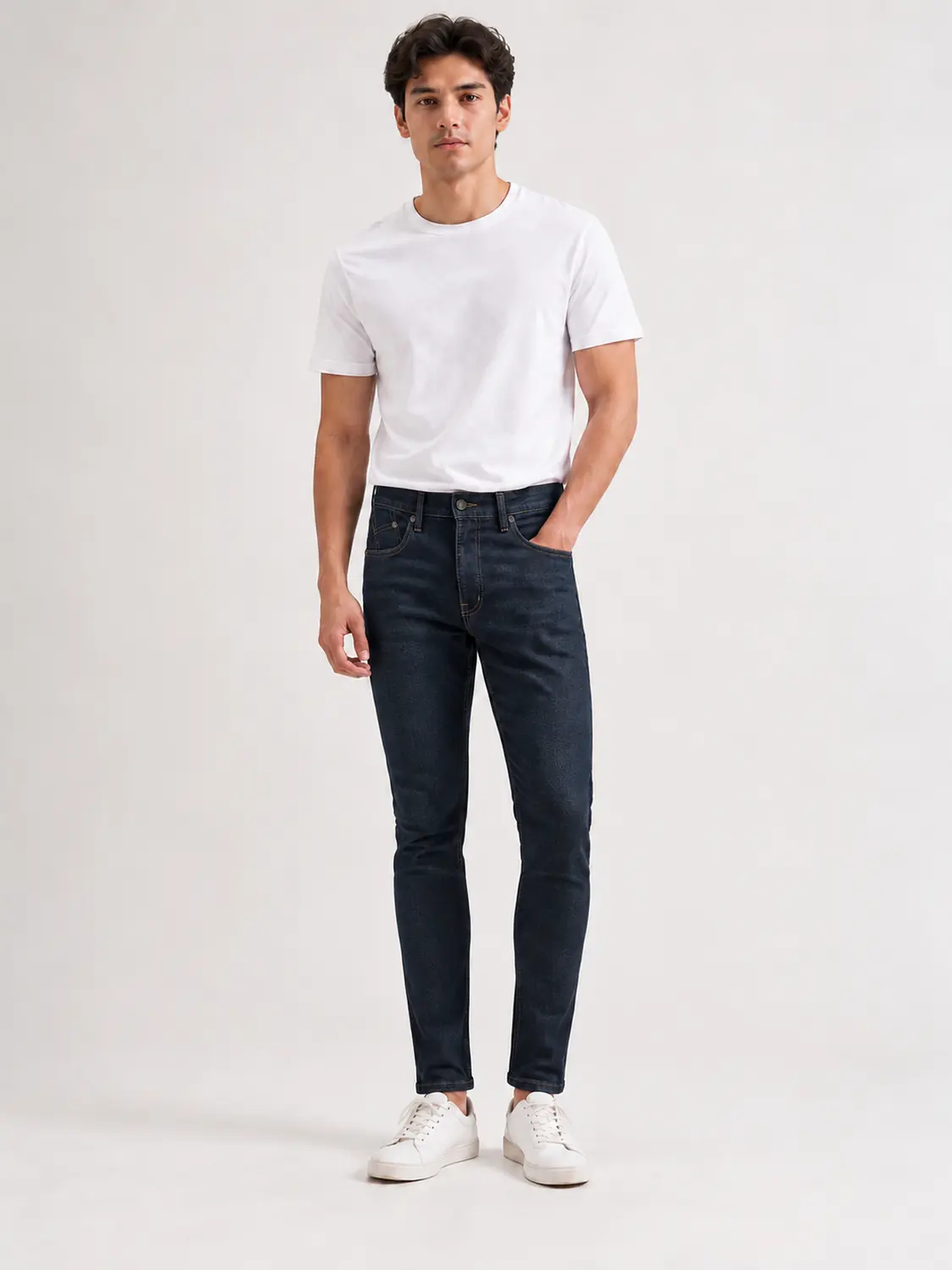 Men’s Navy Washed Stretch Slim Fit Jeans with Back-Pocket Embroidery — view 1