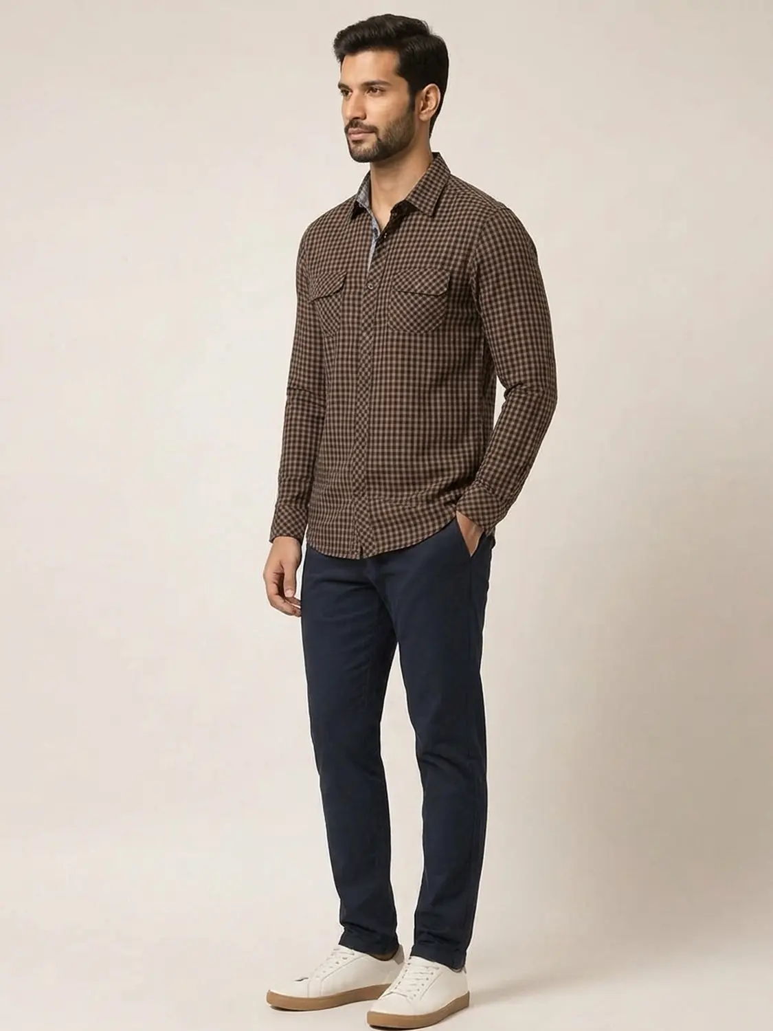 Men's Brown Micro Gingham Check Yarn Dyed Cotton Casual Shirt — view 5