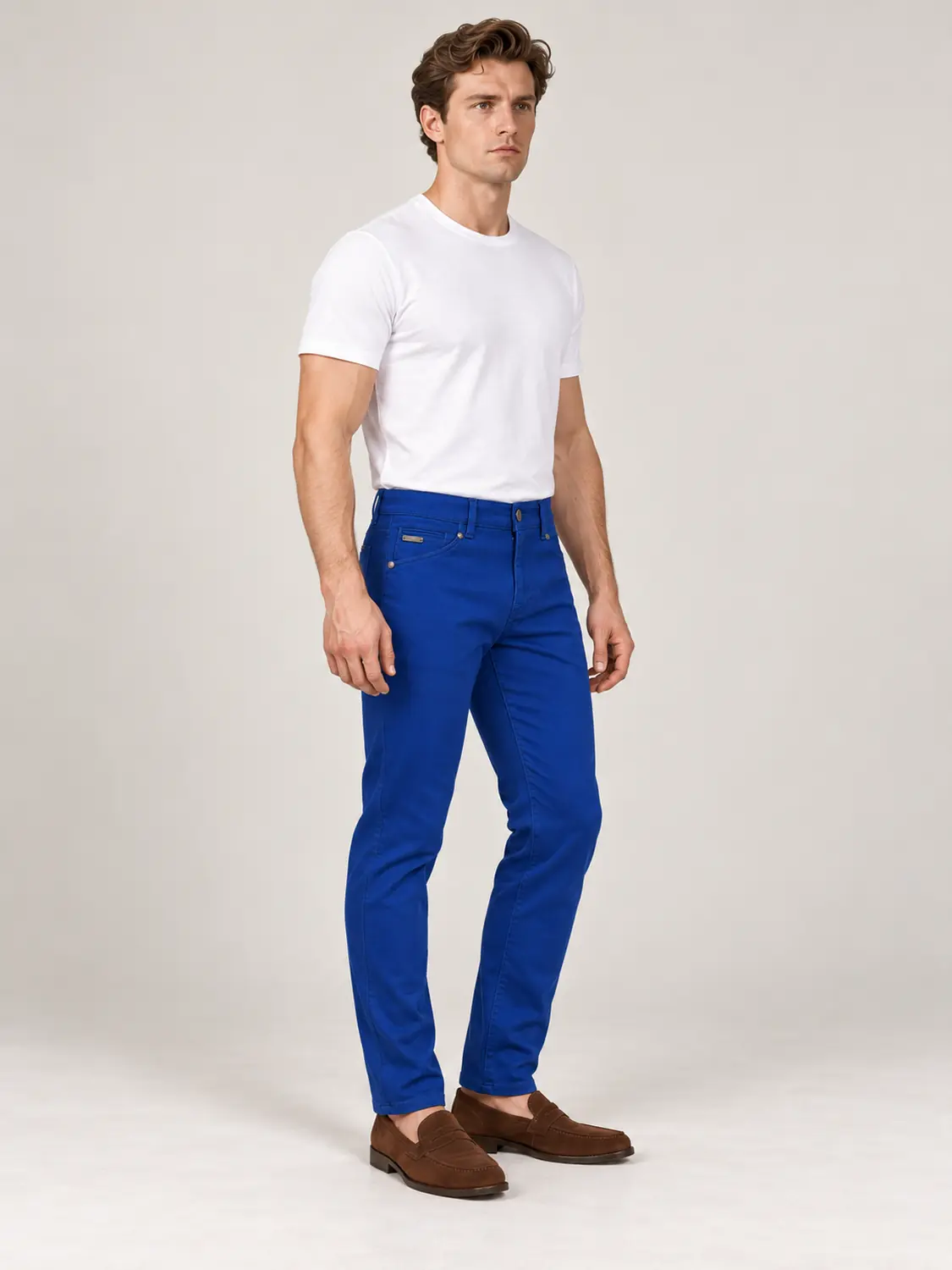 Men’s Royal Blue Pigment-Dyed Stretch Slim Fit Denim-Pocket Chino Pants — view 2