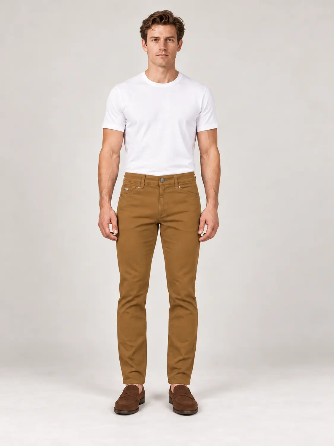 Men’s Mustard Pigment-Dyed Stretch Slim Fit Denim-Pocket Chino Pants — view 8