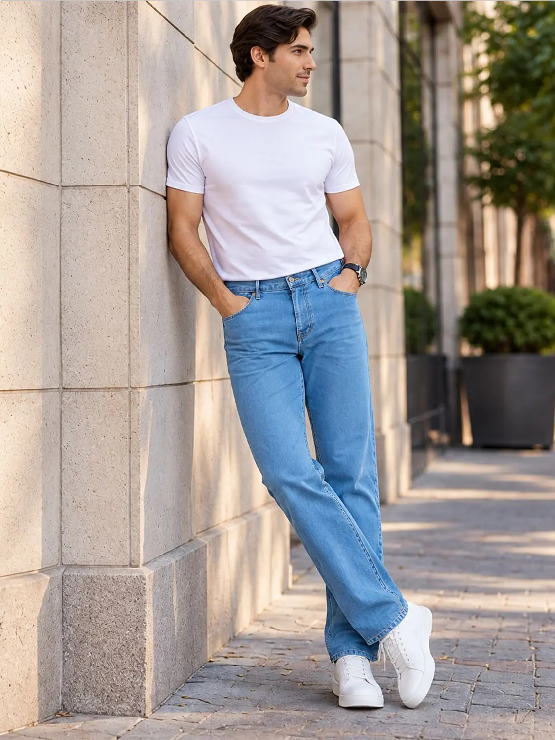 Men’s Light Blue Washed Stretch Slim Fit Jeans with Back-Pocket Embroidery — view 5