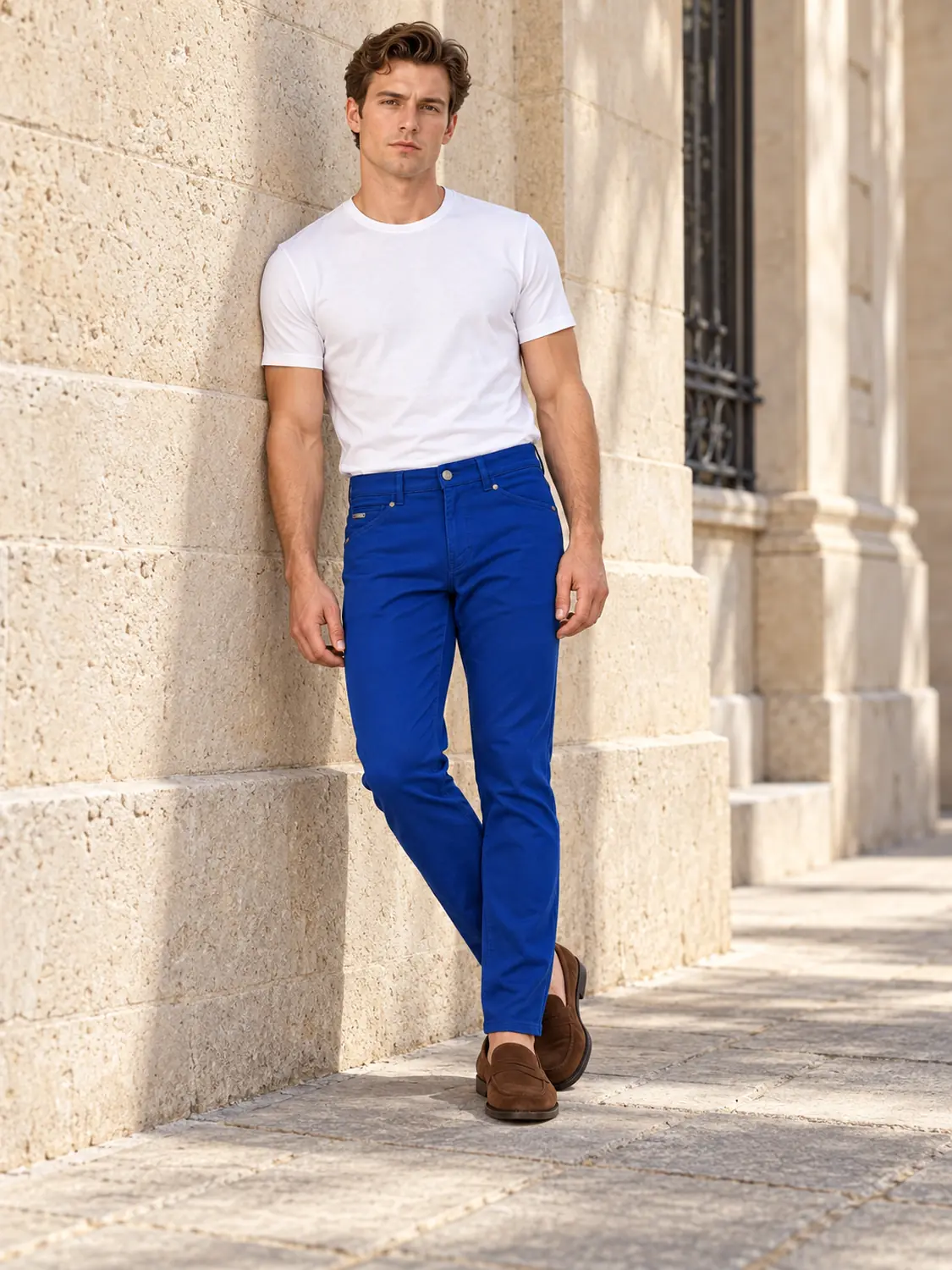 Men’s Royal Blue Pigment-Dyed Stretch Slim Fit Denim-Pocket Chino Pants — view 4