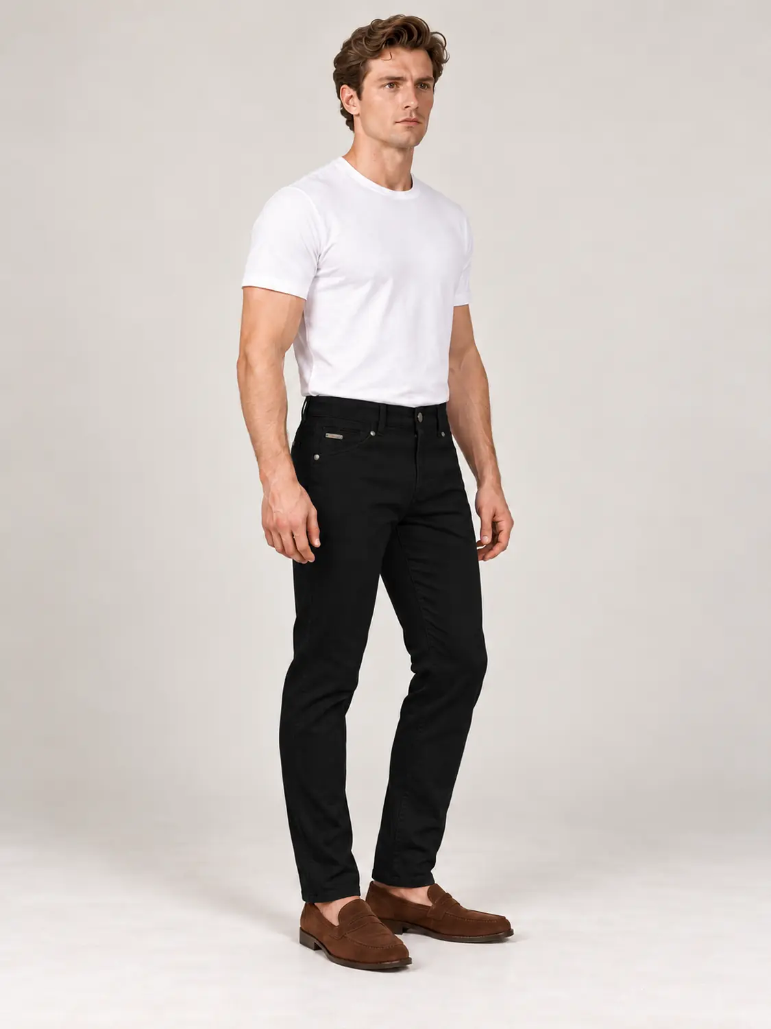 Men’s Black Pigment-Dyed Stretch Slim Fit Denim-Pocket Chino Pants — view 1