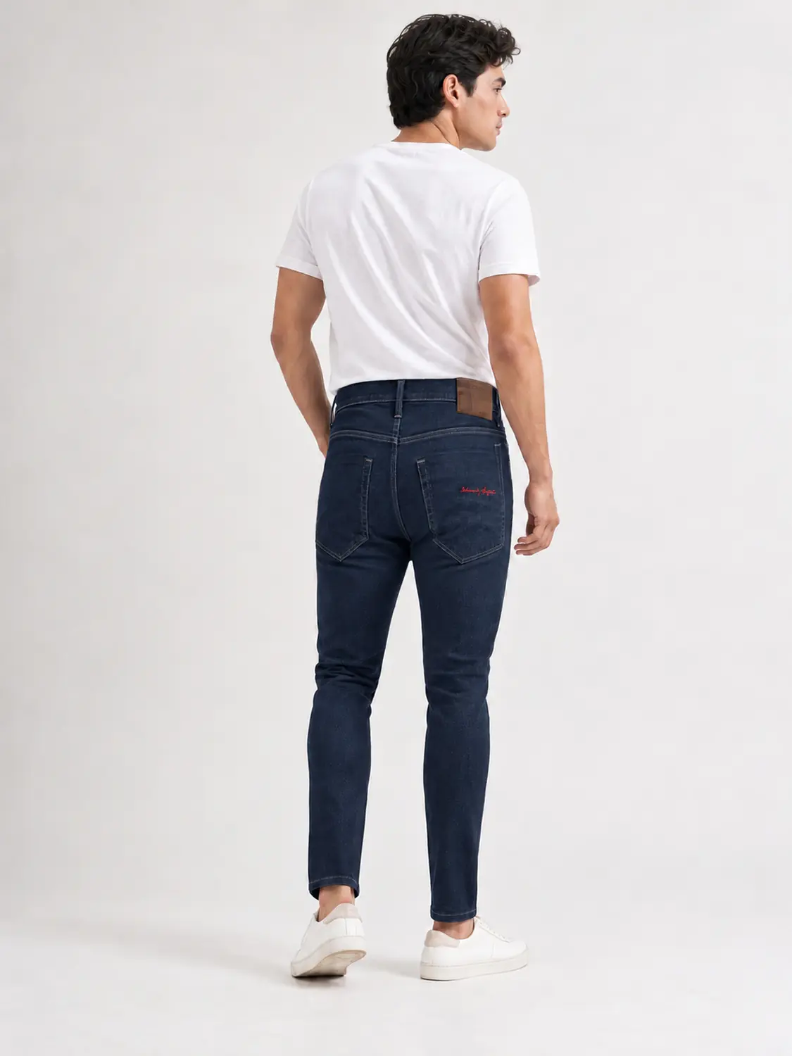 Men’s Navy Washed Stretch Slim Fit Jeans with Back-Pocket Embroidery — view 2
