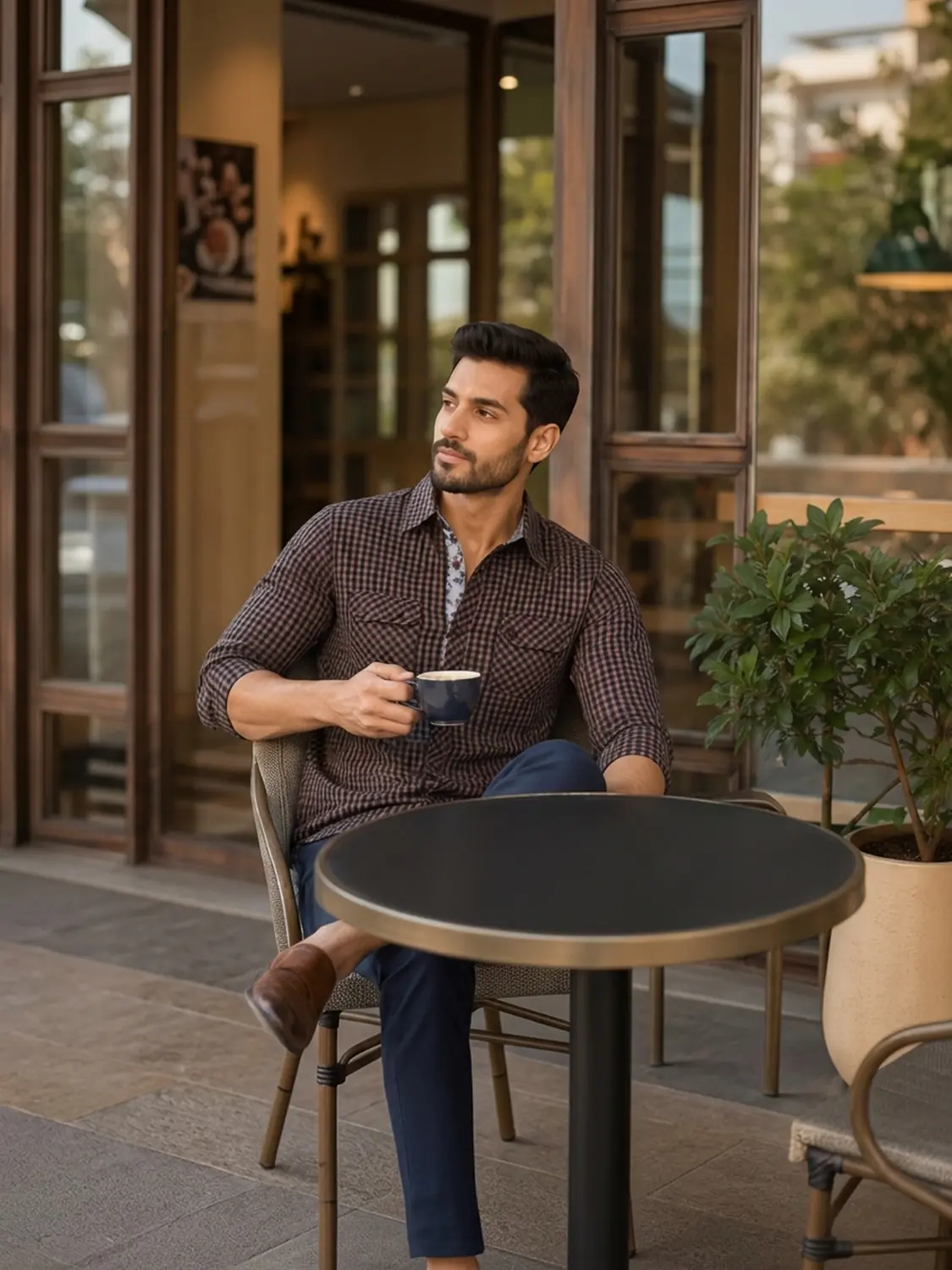 Men's Brown Micro Gingham Check Yarn Dyed Cotton Casual Shirt — view 3