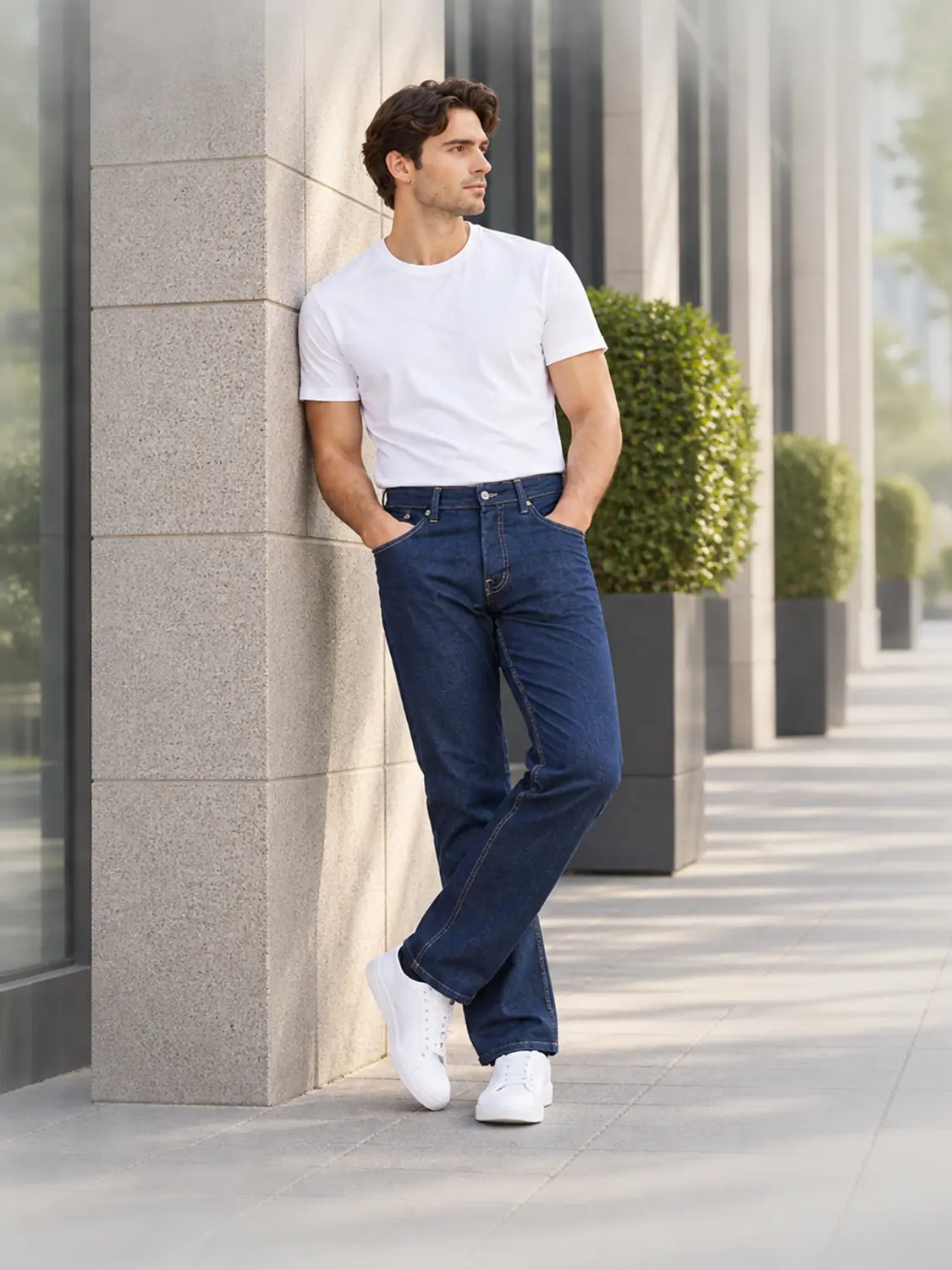 Men’s Indigo Blue Washed Stretch Slim Fit Jeans with Back-Pocket Embroidery — view 4