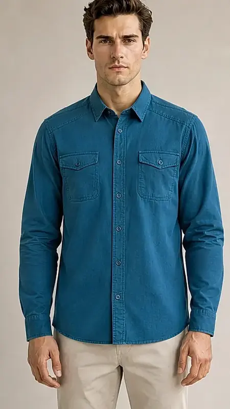 Men's Teal Blue Pigment-Dyed Long Sleeve Utility Cotton Shirt