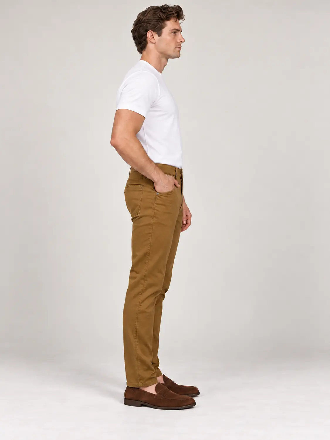 Men’s Mustard Pigment-Dyed Stretch Slim Fit Denim-Pocket Chino Pants — view 3