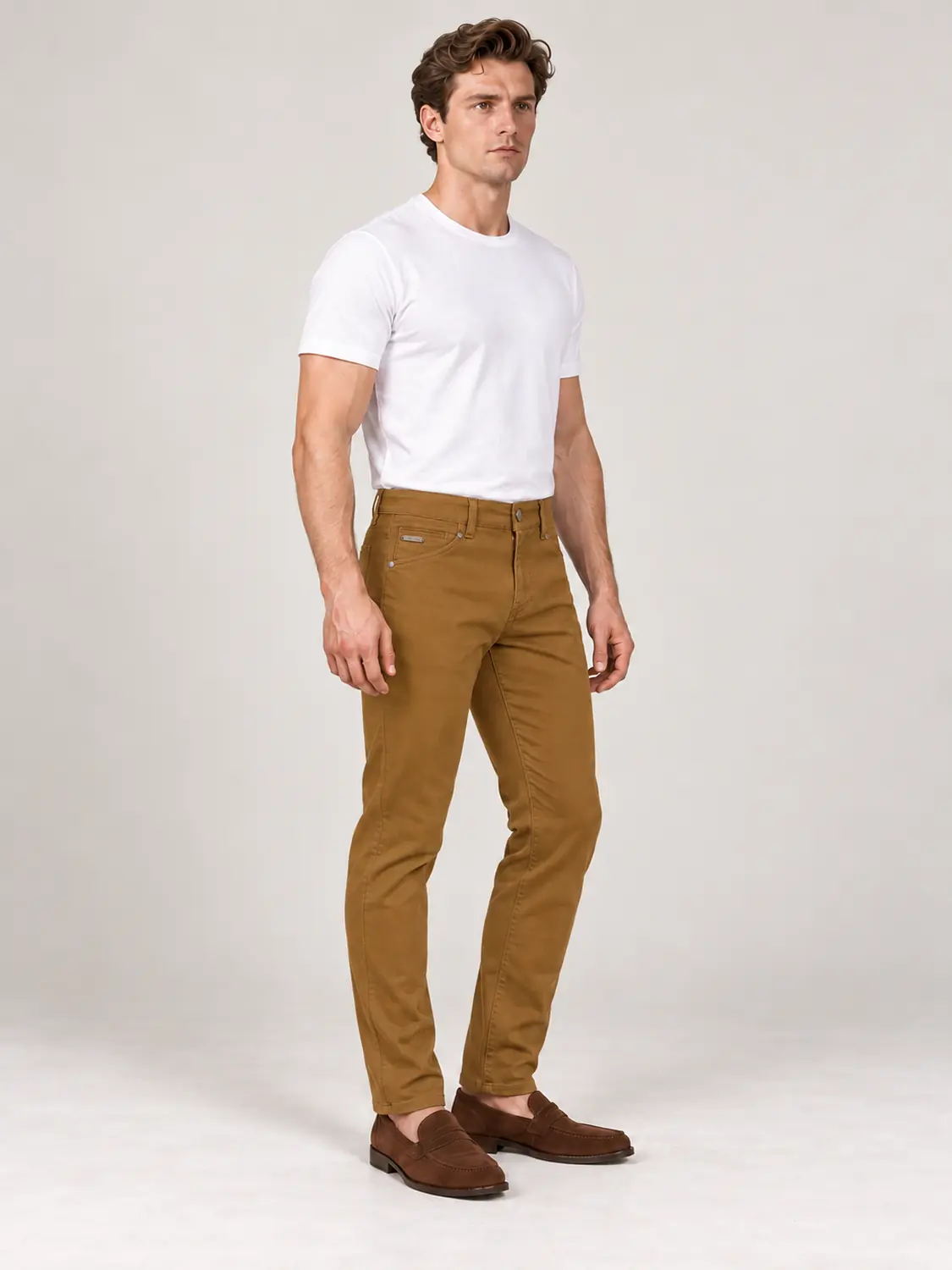 Men’s Mustard Pigment-Dyed Stretch Slim Fit Denim-Pocket Chino Pants — view 5