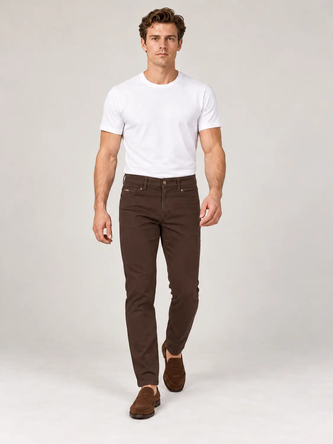 Men’s Brown Pigment-Dyed Stretch Slim Fit Denim-Pocket Chino Pants — view 2