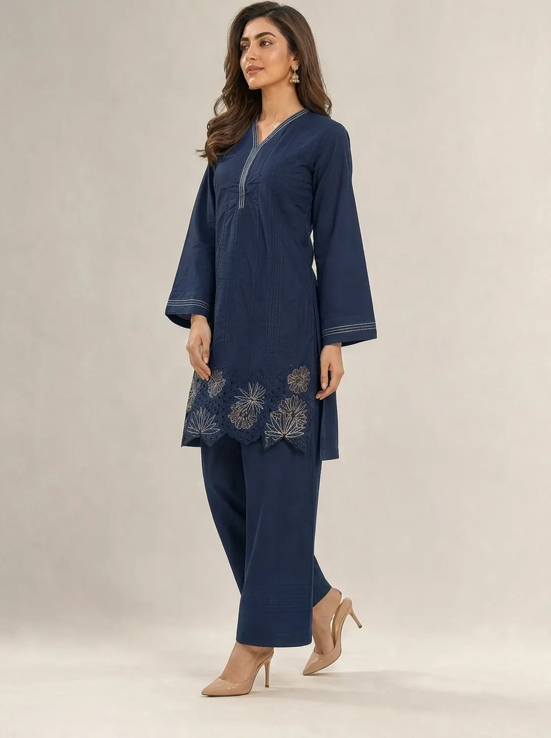 Women's Navy Blue Cutwork Embroidered 2-Piece Cotton Co-Ord Set — view 4