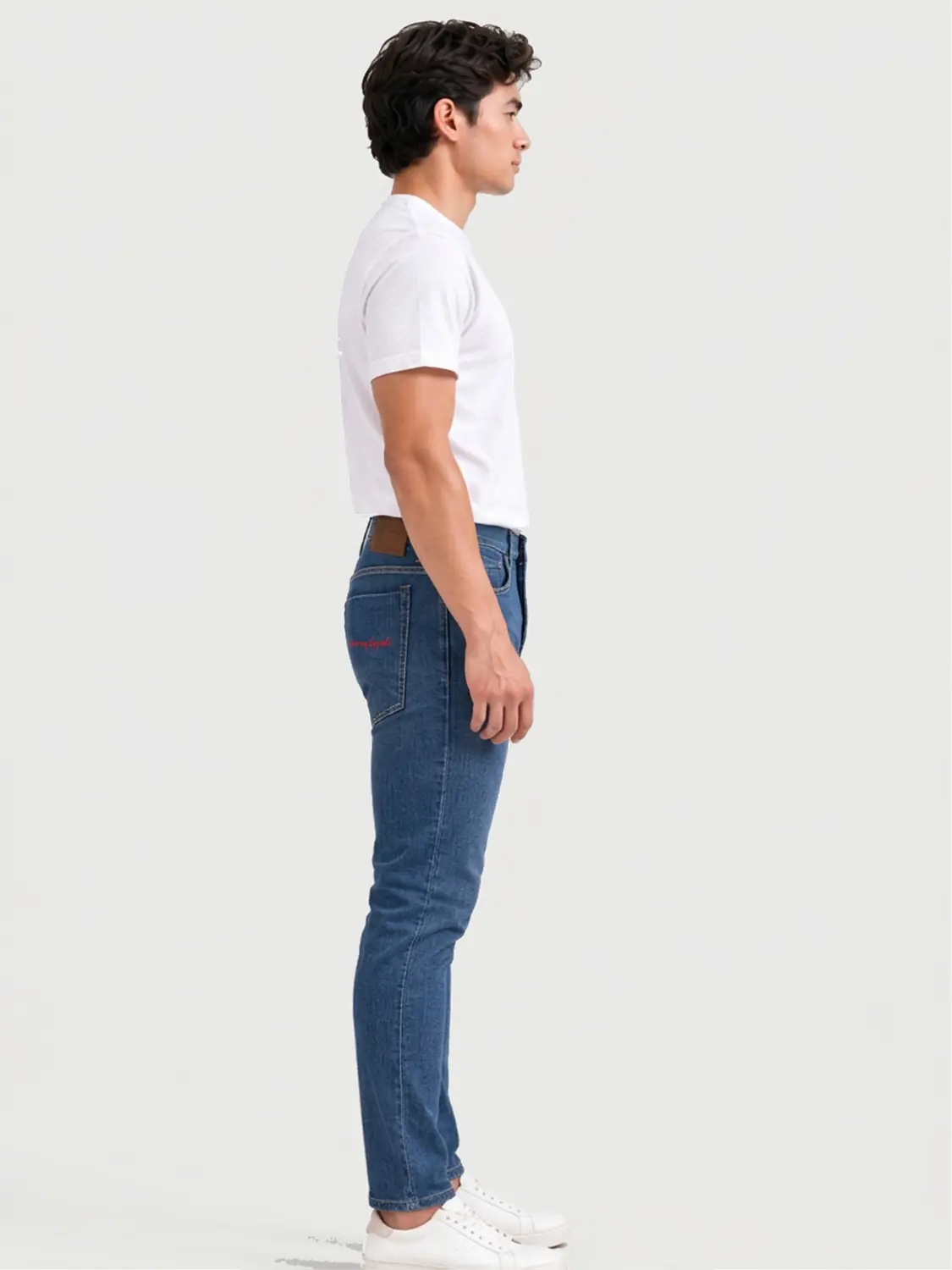 Men’s Medium Blue Washed Stretch Slim Fit Jeans with Back-Pocket Embroidery — view 3