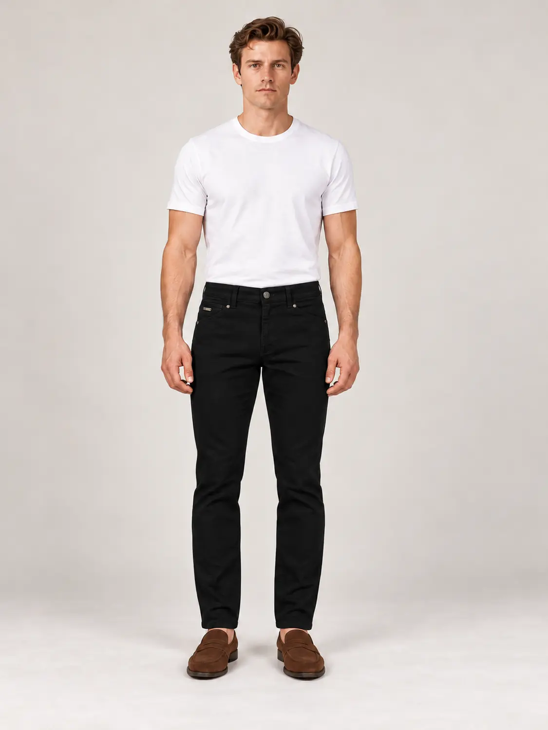 Men’s Black Pigment-Dyed Stretch Slim Fit Denim-Pocket Chino Pants — view 5