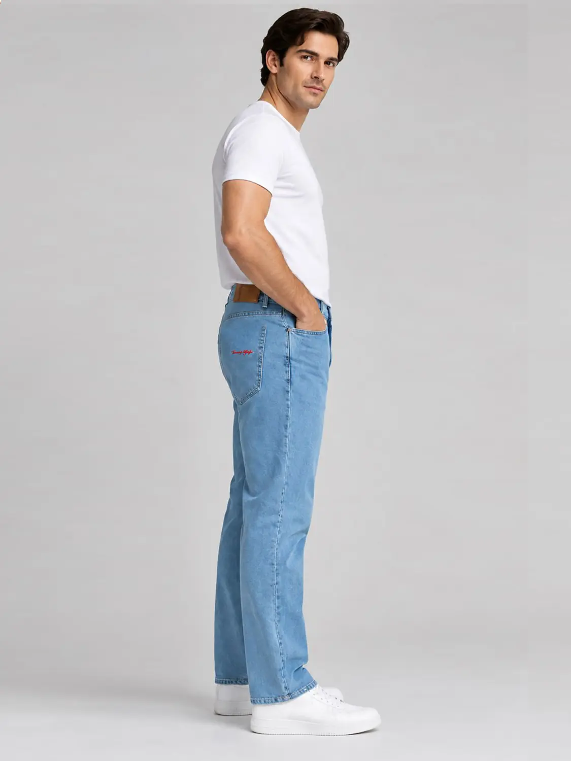 Men’s Light Blue Washed Stretch Slim Fit Jeans with Back-Pocket Embroidery — view 4