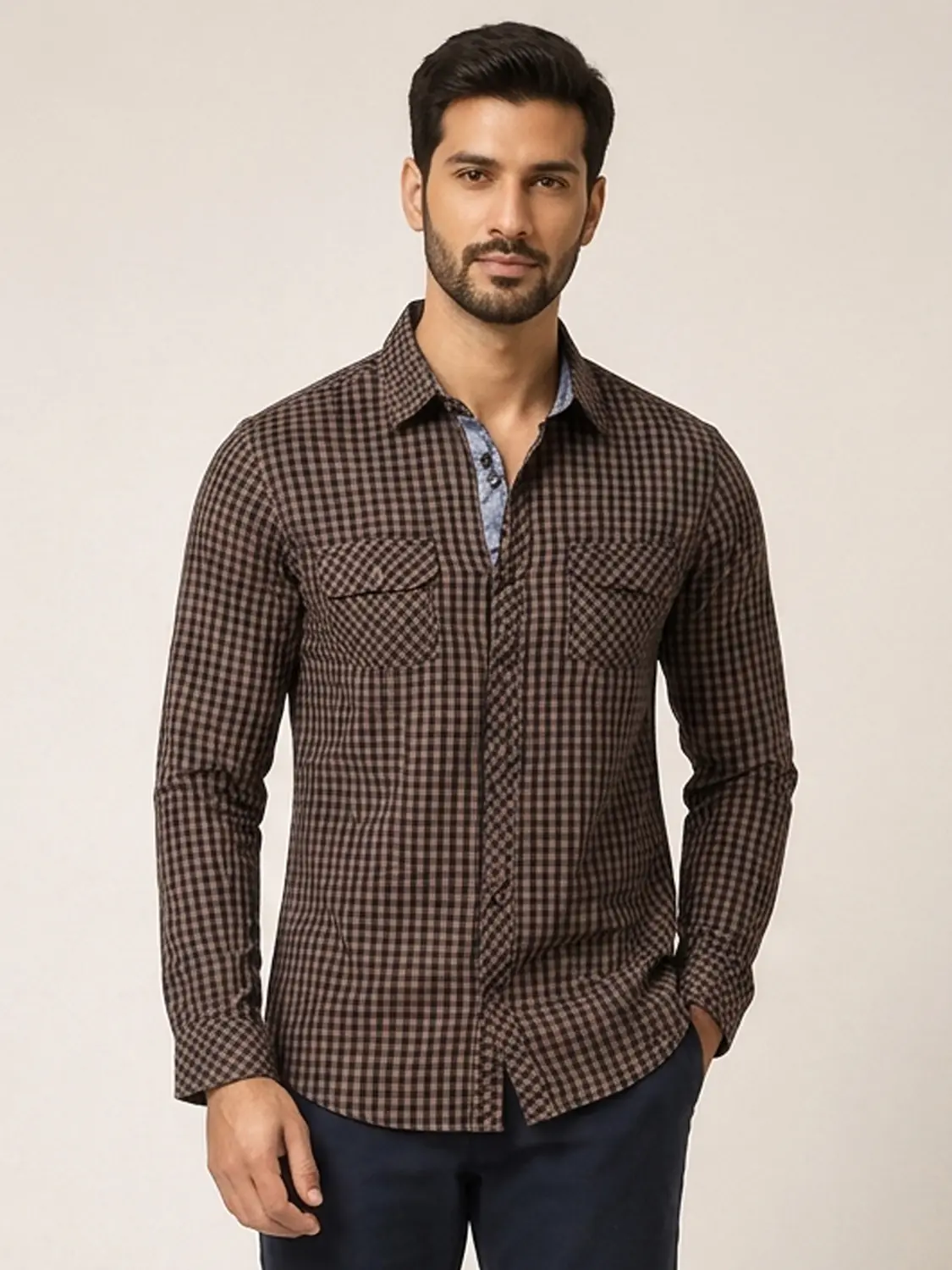 Men's Brown Micro Gingham Check Yarn Dyed Cotton Casual Shirt — view 4