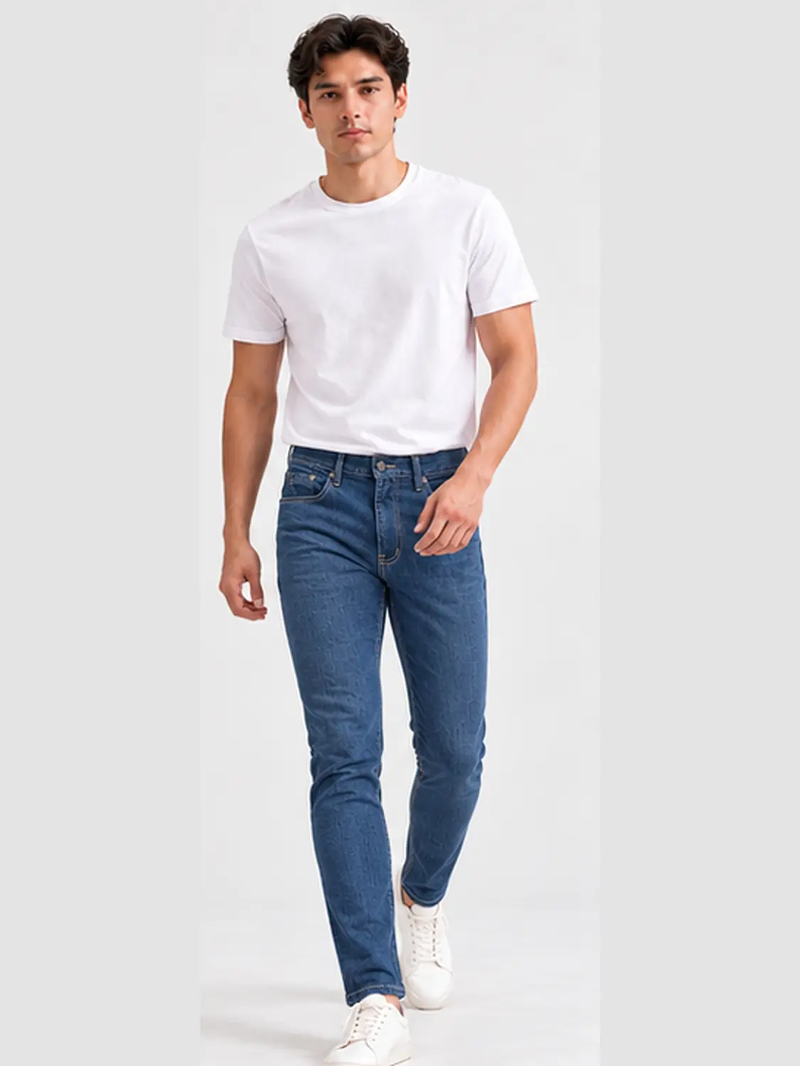 Men’s Medium Blue Washed Stretch Slim Fit Jeans with Back-Pocket Embroidery — view 4