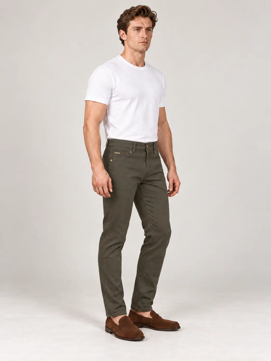 Men’s Olive Pigment-Dyed Stretch Slim Fit Denim-Pocket Chino Pants — view 7