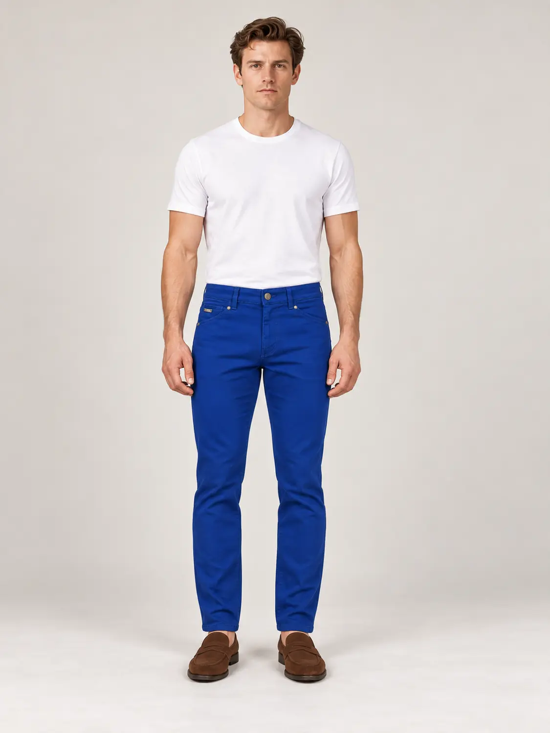 Men’s Royal Blue Pigment-Dyed Stretch Slim Fit Denim-Pocket Chino Pants — view 6