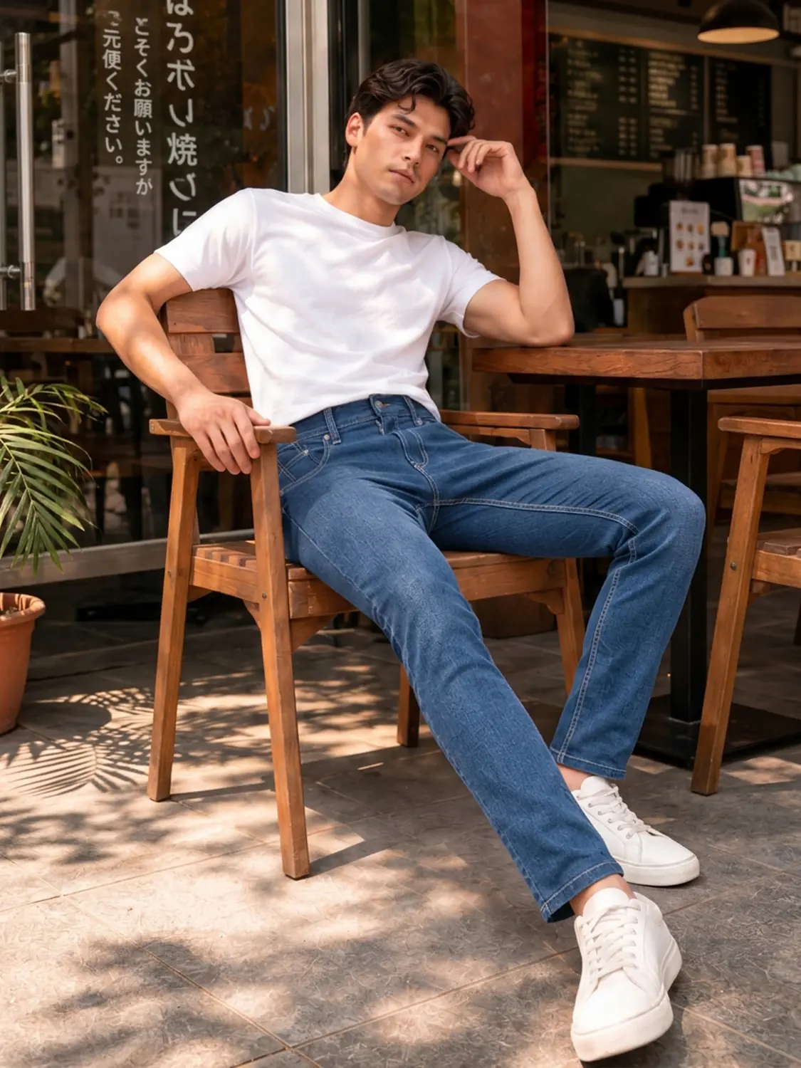 Men’s Medium Blue Washed Stretch Slim Fit Jeans with Back-Pocket Embroidery — view 5