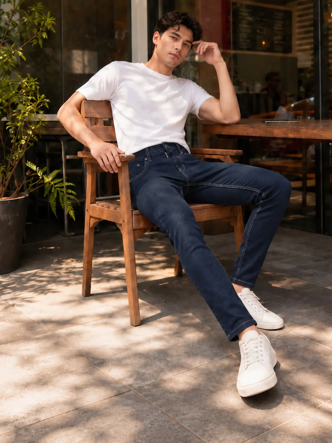 Men’s Navy Washed Stretch Slim Fit Jeans with Back-Pocket Embroidery — view 3