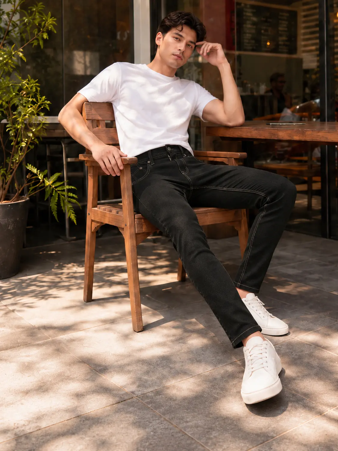 Men’s Black Washed Stretch Slim Fit Jeans with Back-Pocket Embroidery — view 3