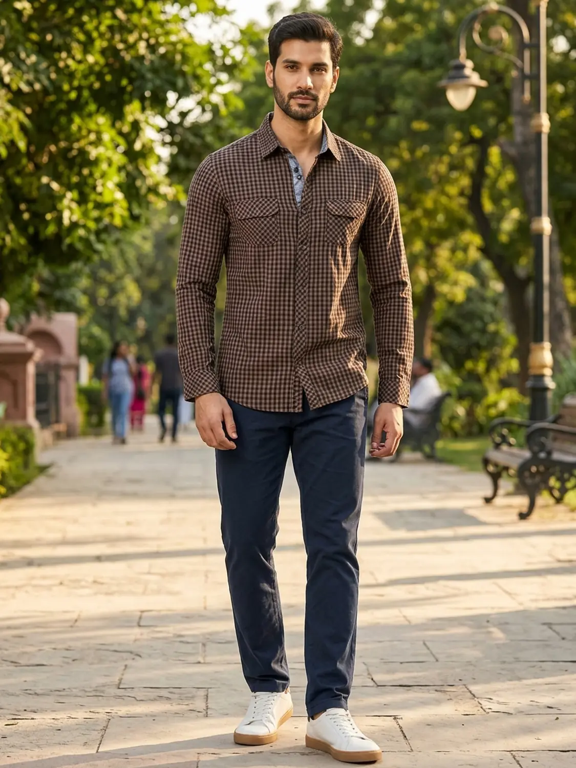 Men's Brown Micro Gingham Check Yarn Dyed Cotton Casual Shirt — view 6