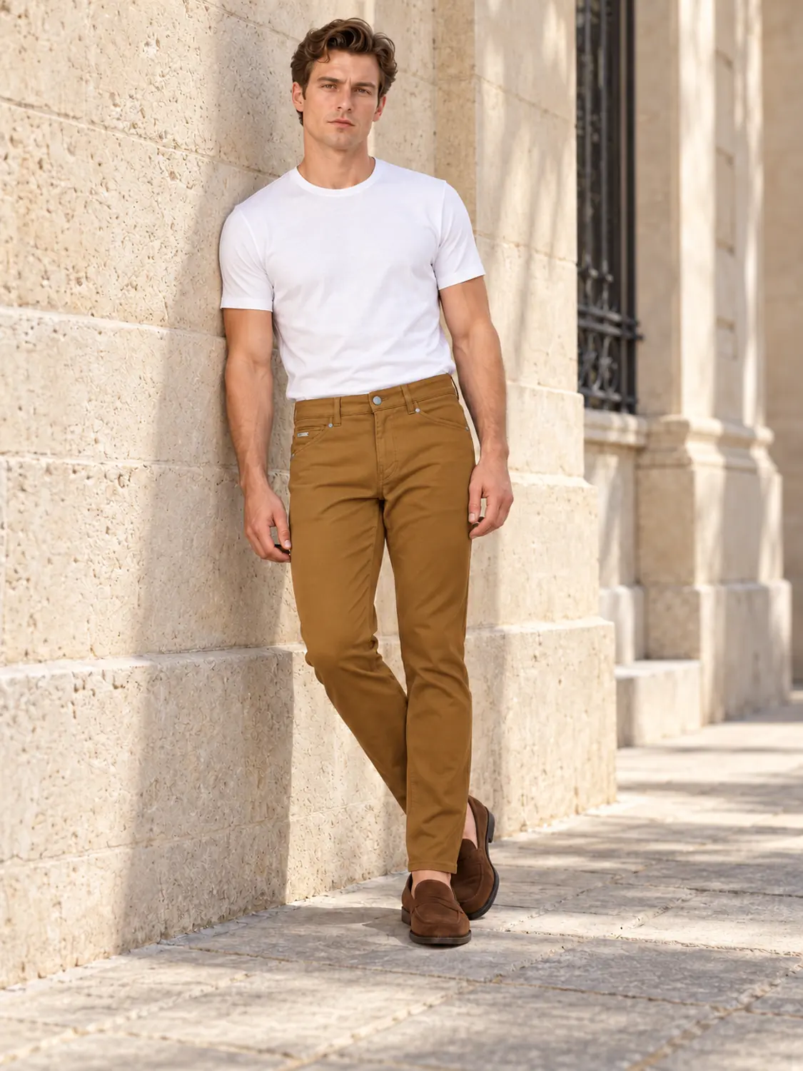 Men’s Mustard Pigment-Dyed Stretch Slim Fit Denim-Pocket Chino Pants — view 4