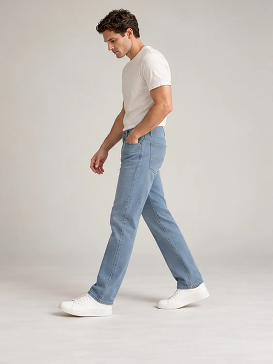 Men’s Light Wash Blue Stretch Slim Fit Jeans with Red Zigzag Stitching — view 4