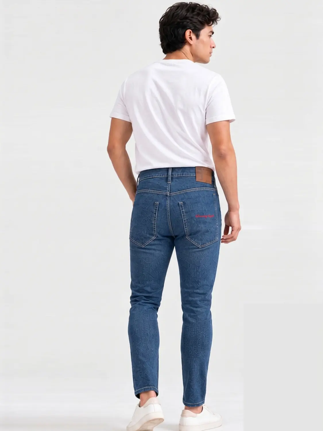 Men’s Medium Blue Washed Stretch Slim Fit Jeans with Back-Pocket Embroidery — view 2