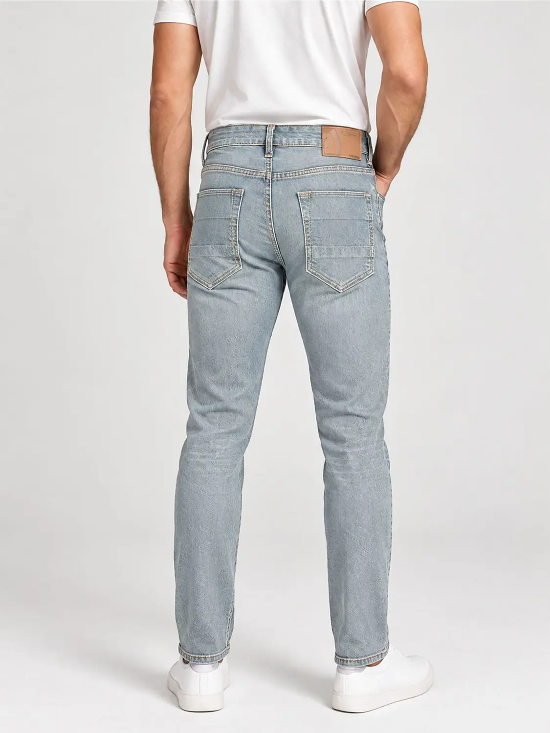 Men’s Light Wash Blue Stretch Slim Fit Jeans with Red Zigzag Stitching — view 8