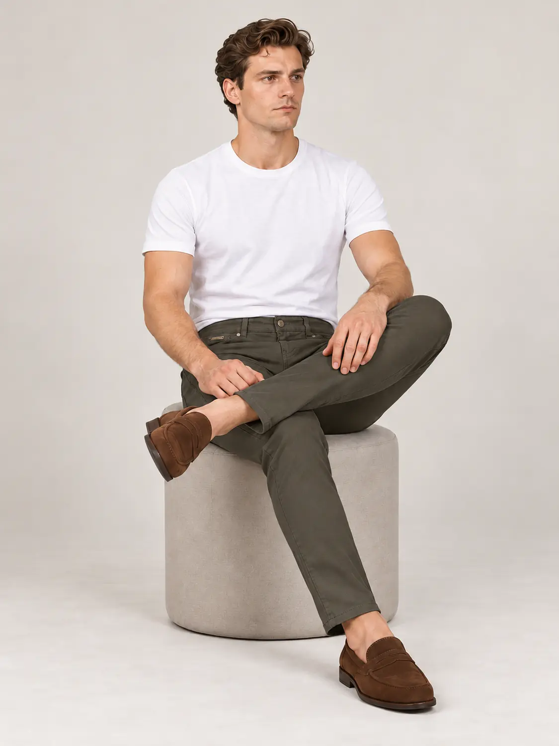 Men’s Olive Pigment-Dyed Stretch Slim Fit Denim-Pocket Chino Pants — view 1
