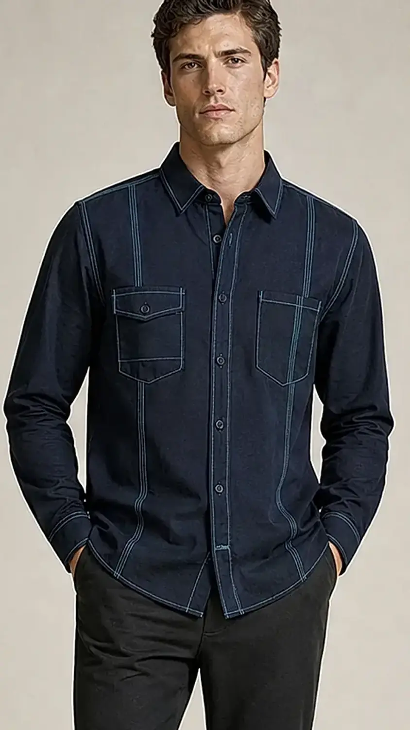 Men's Dark Navy Blue Dual Pocket Vertical-Stitched Utility Cotton Shirt — view 7