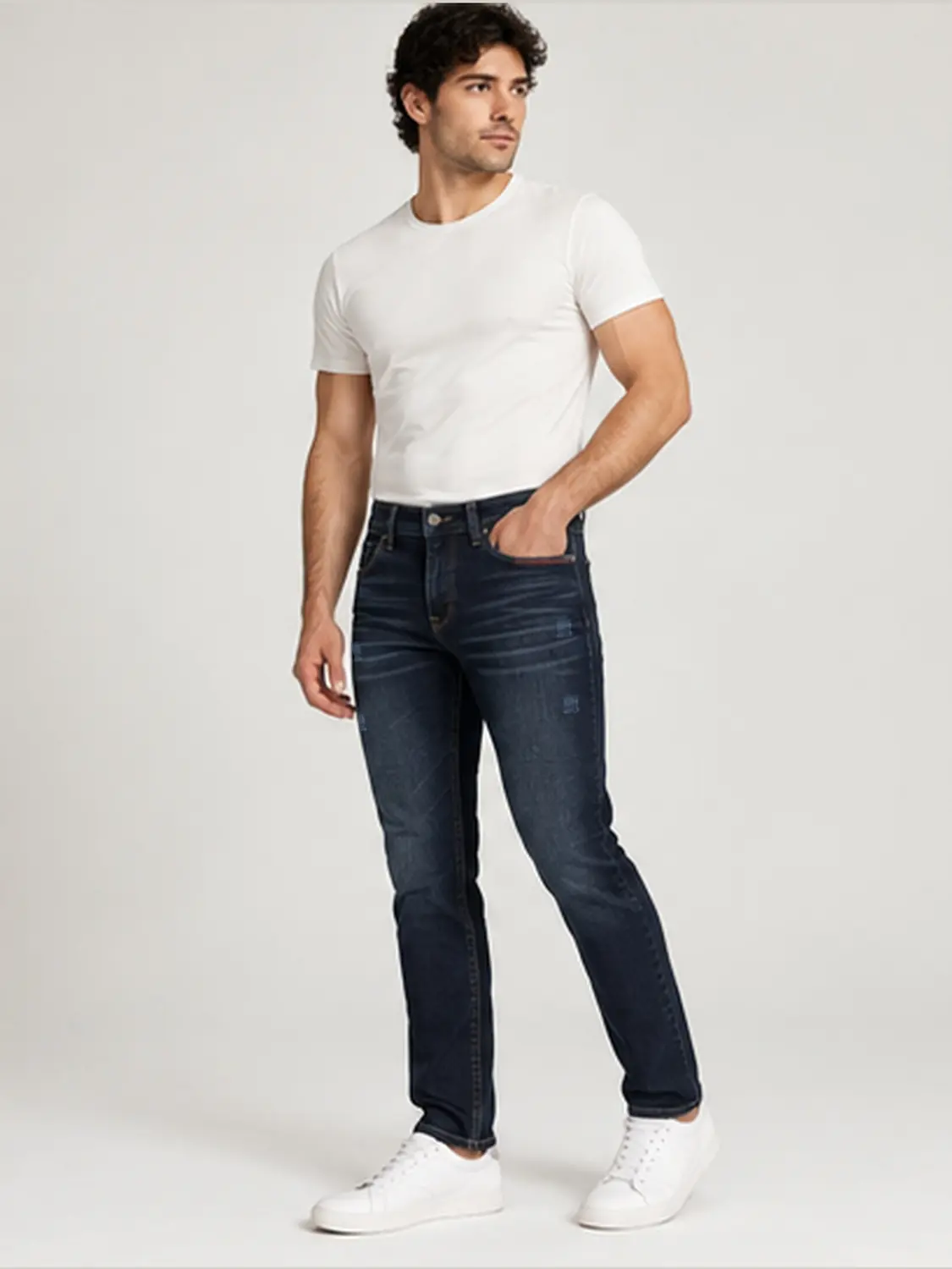 Men’s Dark Indigo Stretch Slim Fit Jeans with Red Zigzag Stitching — view 3