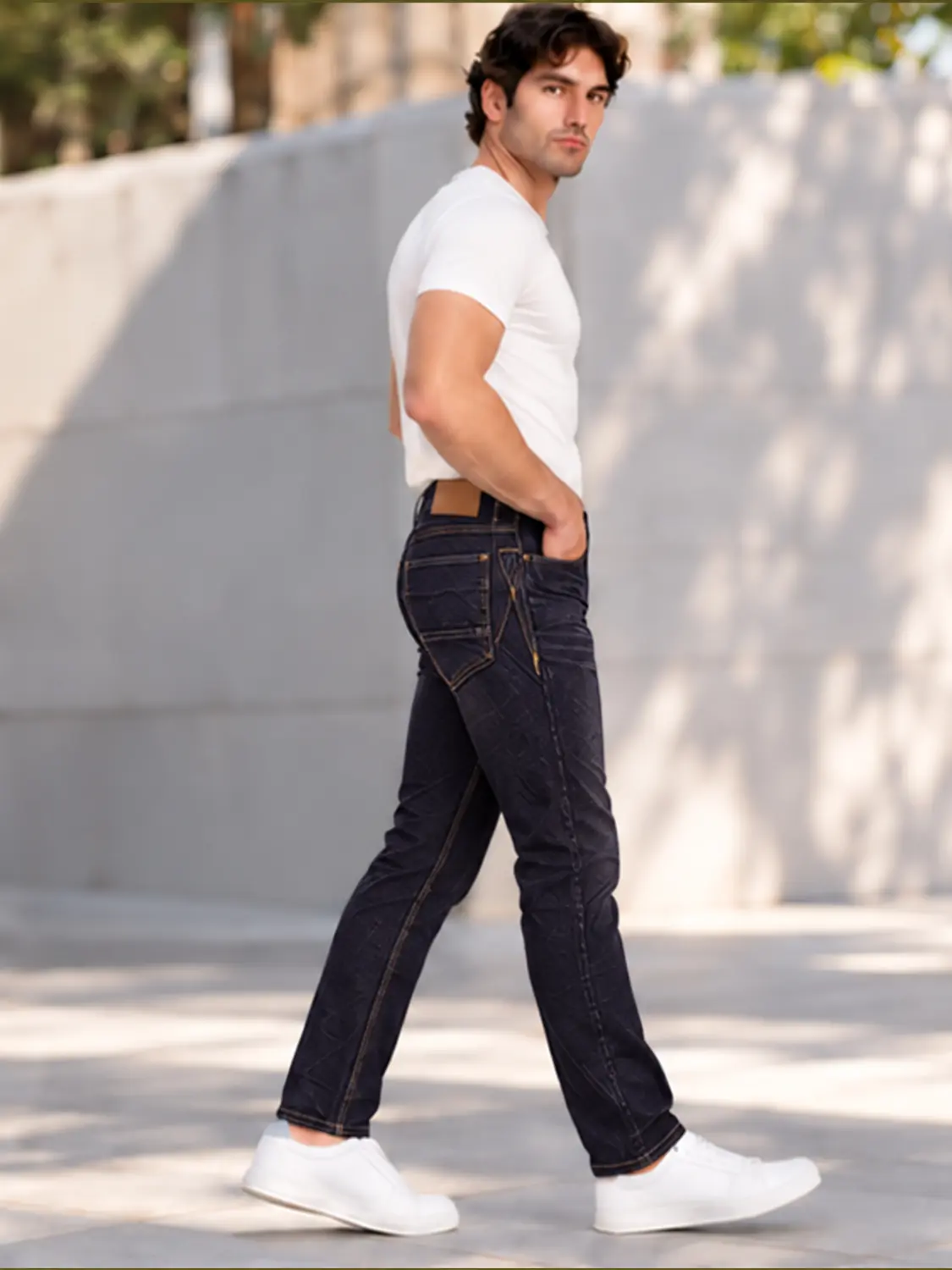 Men’s Black Washed Stretch Slim Fit Jeans — view 4